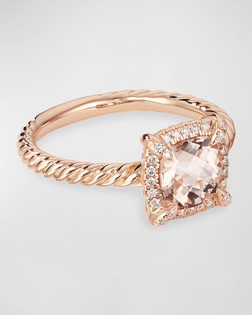 David Yurman White Petite Chatelaine Pave Bezel Ring In 18k Rose Gold With Morganite, Size 8