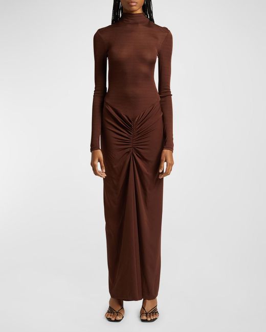 Christopher Esber Brown Fusion Turtleneck Long-Sleeve Gathered Maxi Dress