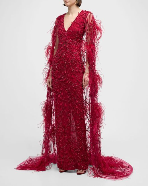 Pamella Roland Red Sequined Feather-Trim Cape Column Gown