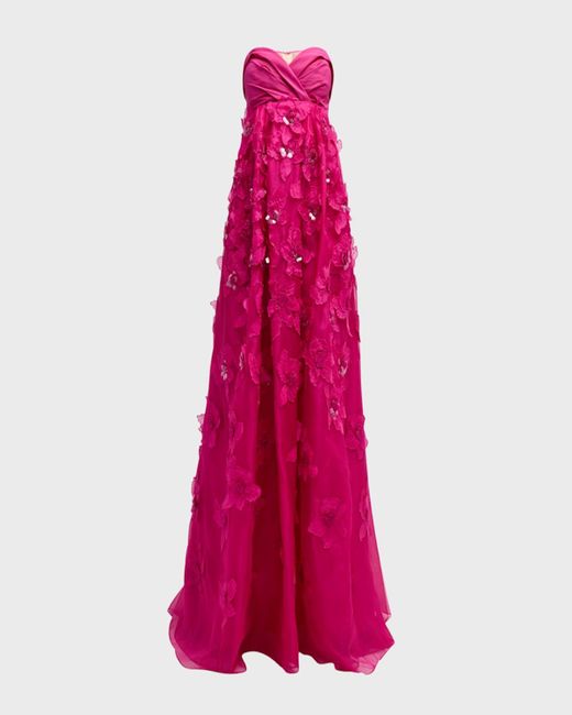 Carolina Herrera Pink Embellished Floral Applique Gown With Wrap Front