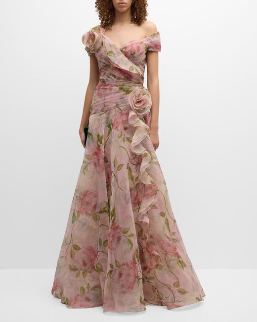 Teri Jon Brown Pleated Off-Shoulder Floral-Print Organza Gown
