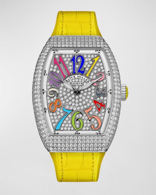 Franck Muller Metallic 32mm Stainless Steel Vanguard Color Dreams Diamond Watch With Yellow Alligator Strap