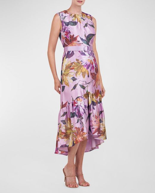 Kay Unger Red Beatrix Ruched Floral-Print High-Low Midi Dress