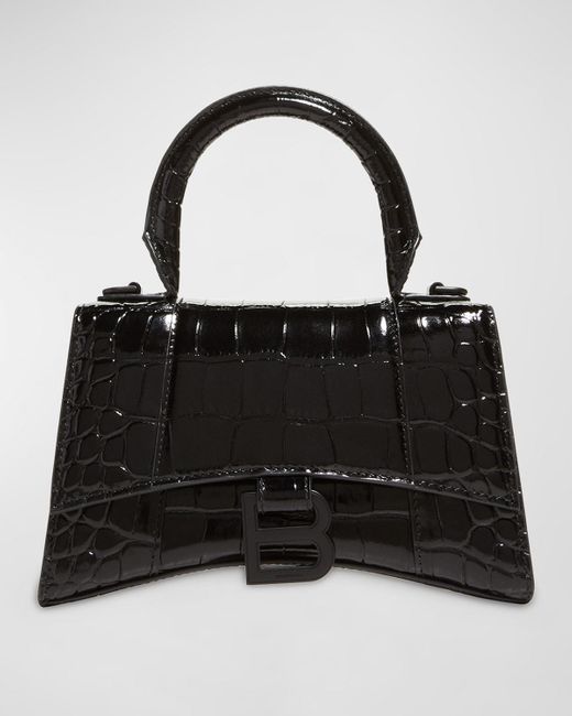 Balenciaga Black Hourglass Xs Crocodile-embossed Top Handle Bag