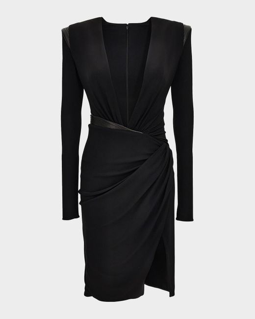 Versace Black Ruched Deep V-Neck Mini Dress