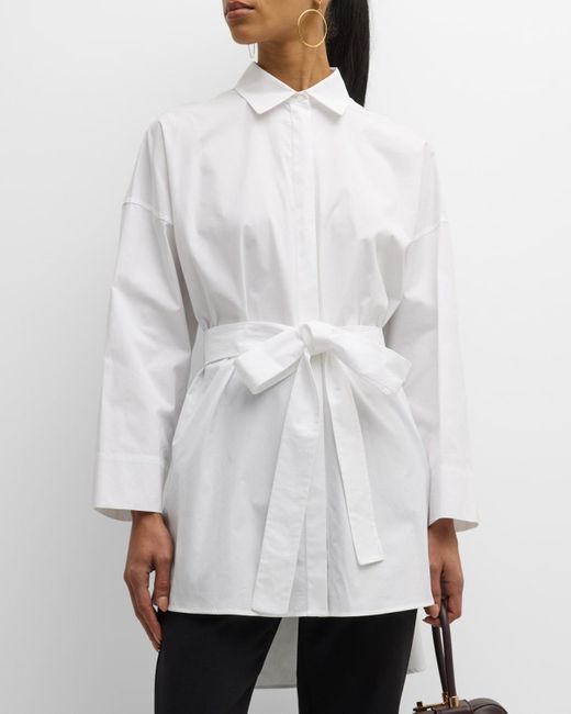 Max Mara White Tea Long-Sleeve Belted Oversized Collared Shirt