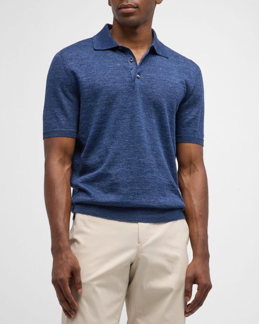 Isaia Blue Fine-Knit Linen Blend Polo Shirt for men
