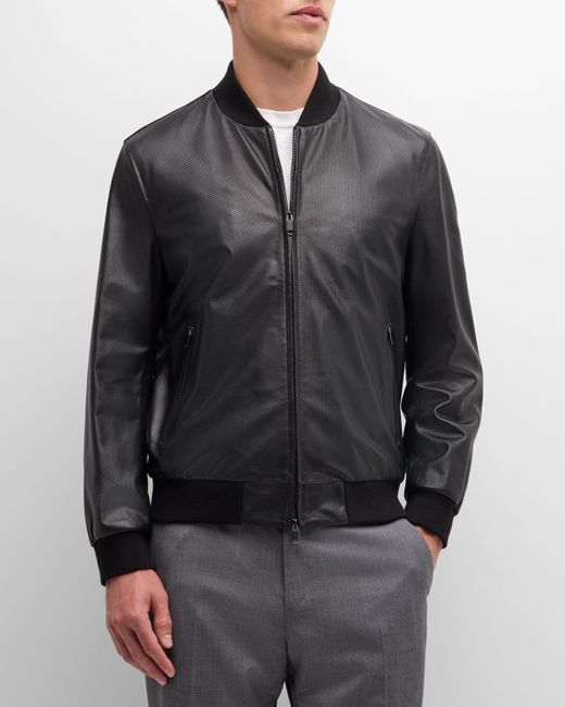 Brioni Black Perforated Leather Bomber Jacket for men