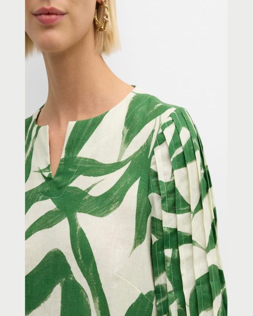 Teri Jon Green Leaf-Print Ruffle Linen Dress