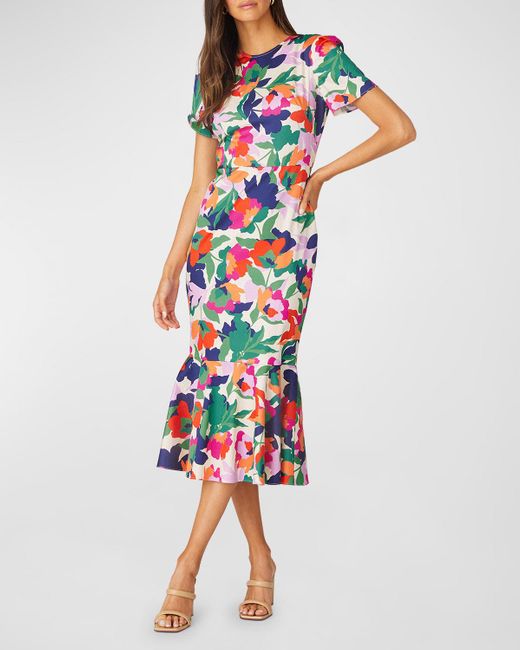 Shoshanna White Thompson Floral-Print Flounce Midi Dress