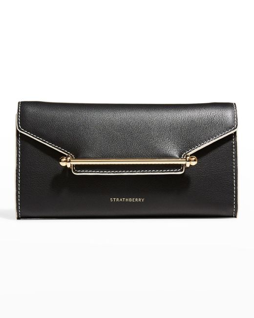 Strathberry Black Multrees Flap Leather Wallet On Chain