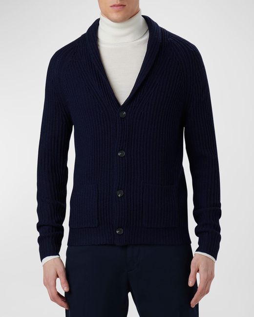 Bugatchi Blue Ribbed Shawl Cardigan Sweater for men