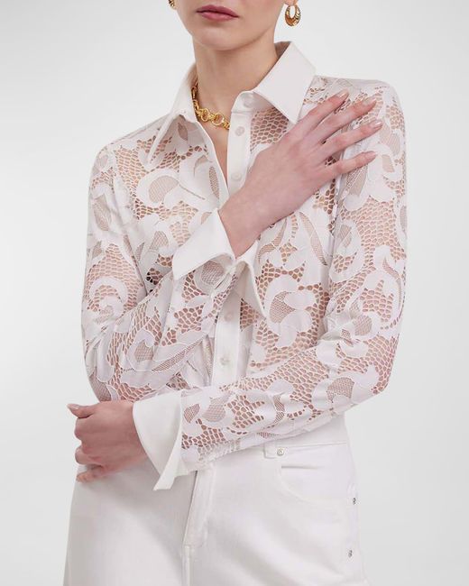 Anne Fontaine Pink Joanna Button-Down Stretch Floral Lace Shirt
