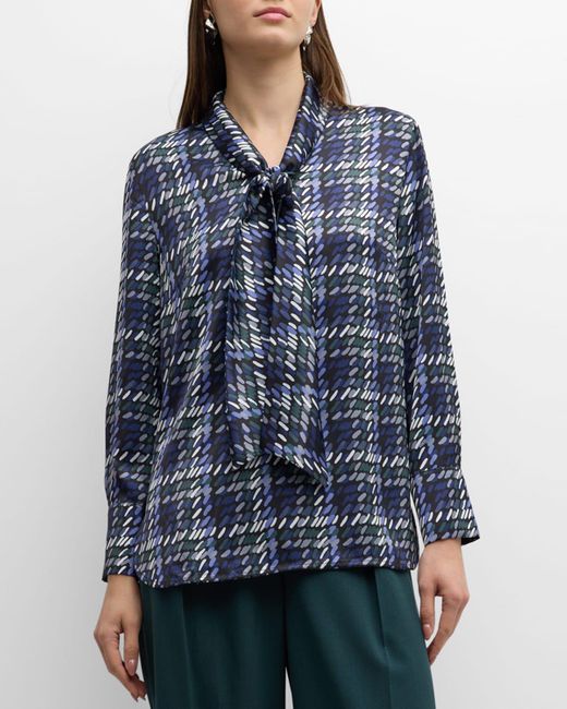 Misook Blue Tie-neck Abstract-print Blouse