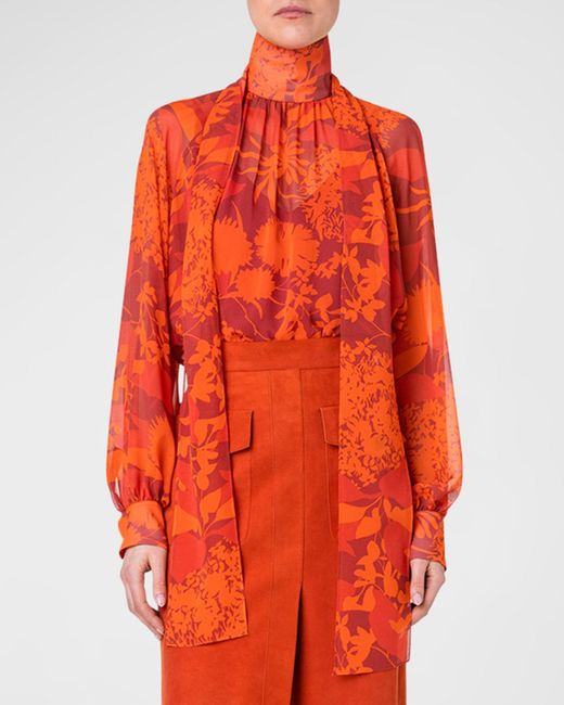 Akris Orange Floral Silk Georgette Scarf-tie Blouse