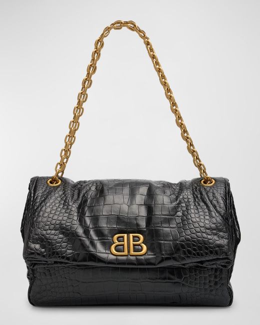Balenciaga Black Monaco Medium Chain Croc-Embossed Shoulder Bag
