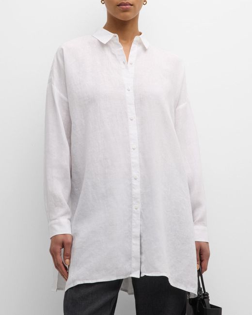 Eileen Fisher White Oversized Button-Down Organic Linen Shirt