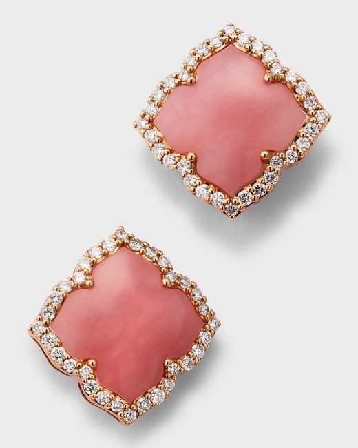 Piranesi Pink 18K Rose Carved Opal And Round Diamond Small Stud Earrings