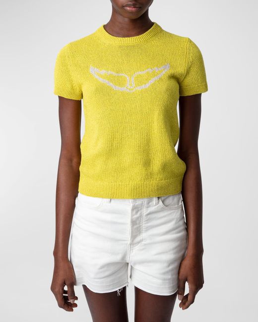 Zadig & Voltaire Yellow Sorly Intarsia-Knit Short-Sleeve Sweater