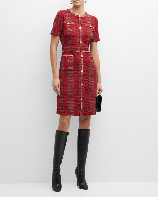 Misook Red Plaid Tweed-knit Button-front Midi Dress