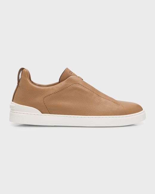 Zegna Brown Triple Stitch Secondskin Leather Slip-on Sneakers for men