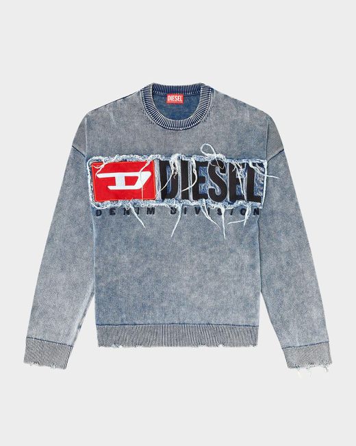 DIESEL Blue K-Fronzi Frayed Denim Logo Crewneck Sweater for men