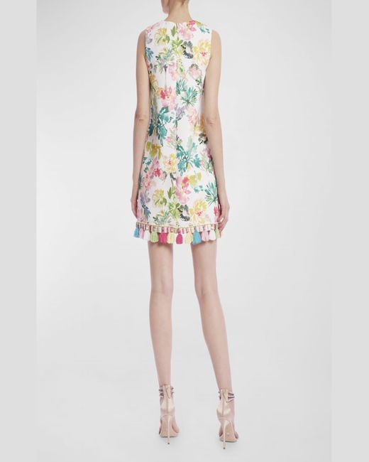 Badgley Mischka Multicolor Beaded Floral-Print Tassel-Trim Mini Dress