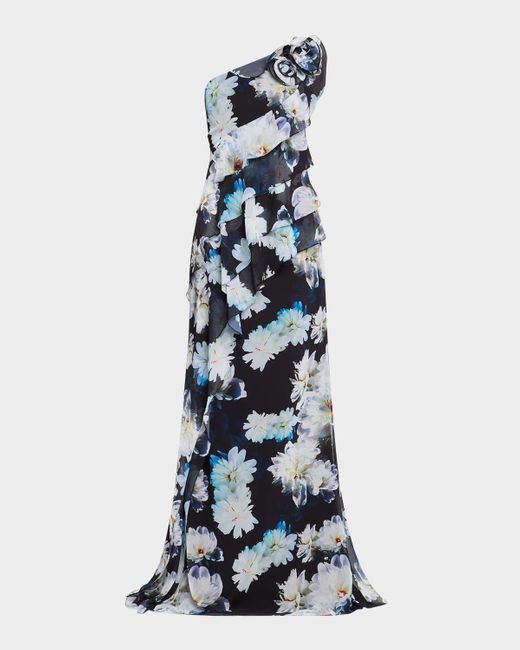 Teri Jon Blue One-Shoulder Ruffle Chiffon Gown