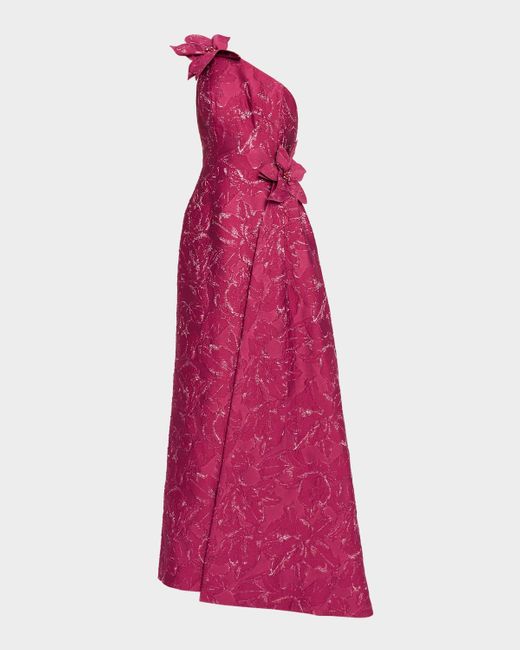 Teri Jon Women's Purple Draped One-Shoulder Floral Jacquard Gown