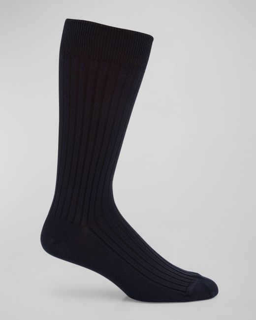 Neiman Marcus Blue Ribbed Cotton Crew Socks for men