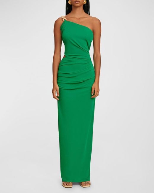 Cult Gaia Green Cobie Cutout One-Shoulder Chain-Strap Gown