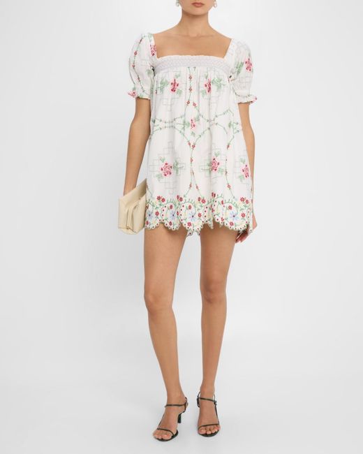Damson Madder Lulu Rose Embroidered Mini Dress in White | Lyst