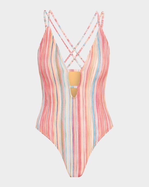 Ramy Brook Pink Marina Metallic Striped One-Piece Swimsuit
