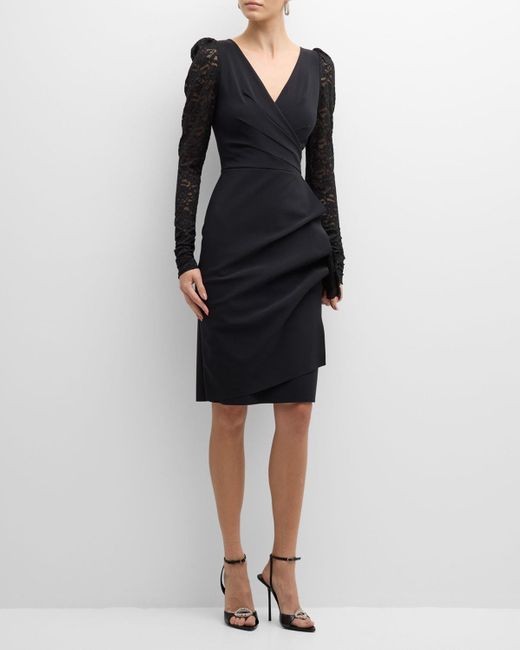 La Petite Robe Di Chiara Boni Black Pleated Lace-Sleeve Bodycon Midi Dress