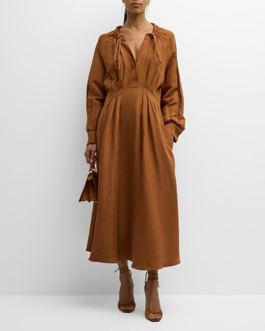 Max Mara Brown Drina Pleated Maxi Dress With Cinched Neckline
