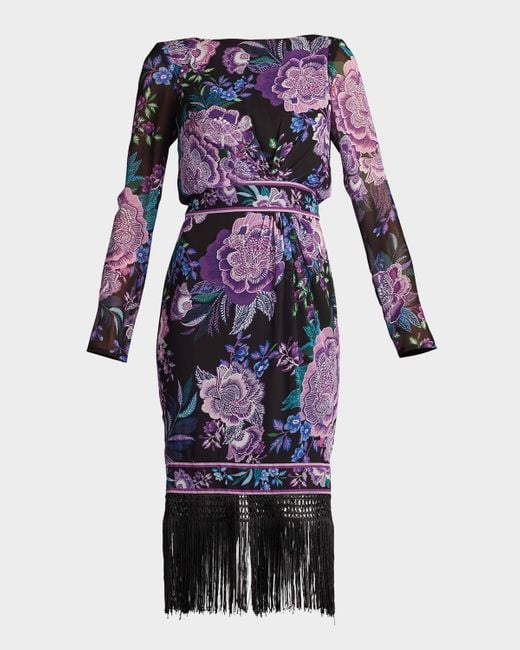【TADASHI SHOJI】Floral Print Tassel Fringe Midi Dress Tadashi Shoji Gathered Floral-Print Fringe Midi Dress