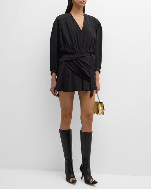 Balenciaga Black V-neck Draped Belted Long-sleeve Silk Crepe Mini Dress