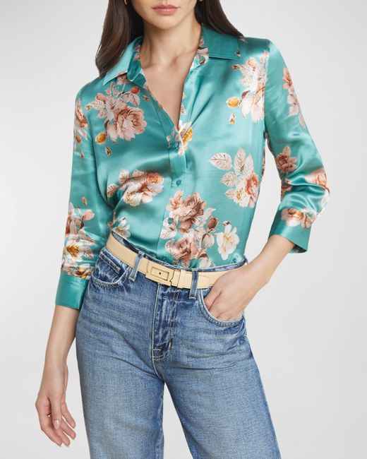 L'Agence Blue Dani Floral-print Silk Shirt