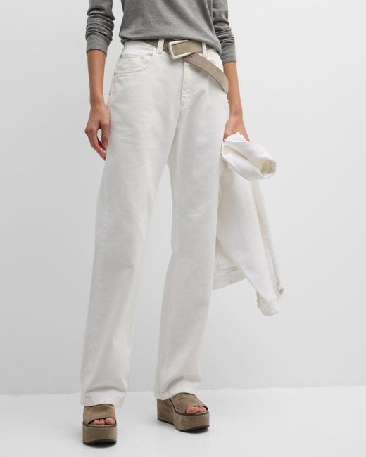 Brunello Cucinelli White Monili-tab Garment-dyed Denim Straight-leg Pants
