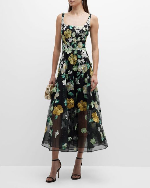 Marchesa Green Floral-Embroidered Tulle Midi Dress