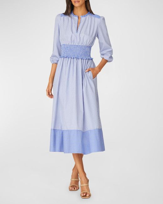 Shoshanna Blue Eden Striped Split-Neck Smocked Midi Dress
