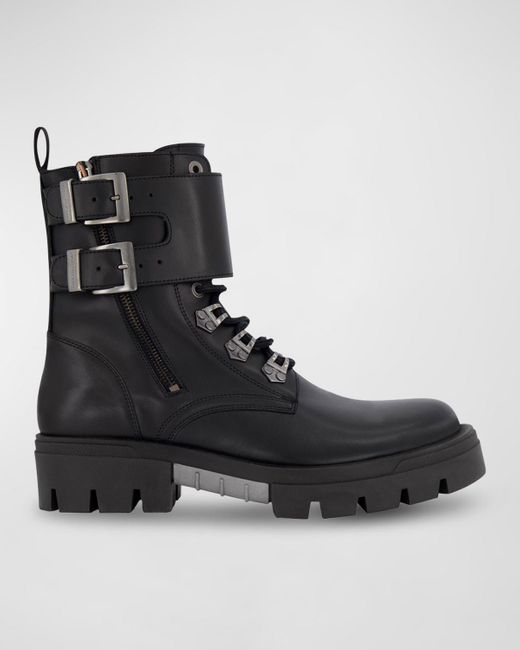 Karl Lagerfeld Black Double-Buckle Monk Leather Combat Boots for men