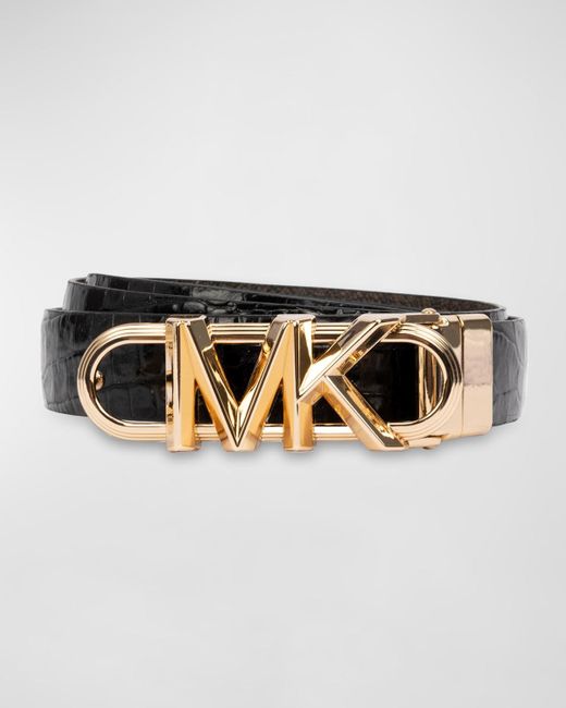 Michael Kors Multicolor Reversible Monogram & Croc-embossed Leather Belt