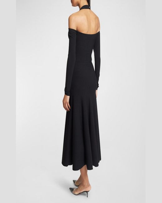 Alaïa Black Off-The-Shoulder Fit-&-Flare Halter Midi Dress