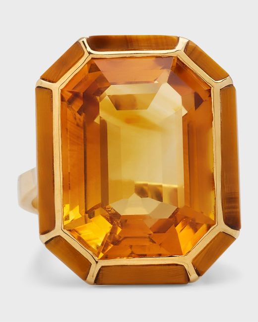 Goshwara Orange 18k Yellow Gold Emerald-cut Citrine Ring With Tiger Eye