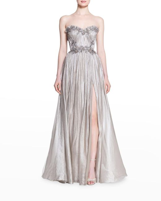 Marchesa Strapless Crystal Embellished Metallic Chiffon Gown