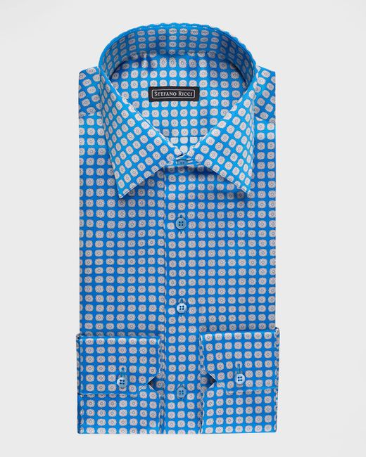 Stefano Ricci Blue Medallion-Print Silk Dress Shirt for men