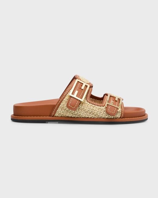 Fendi Brown Two-strap Ff Buckle Sandals