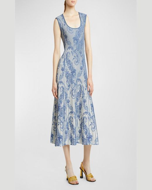 Etro Blue Paisley Printed Knitwear Midi Dress