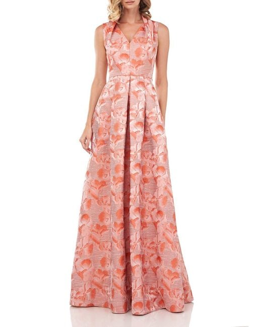 Kay Unger Pink Evie Floral Stripe Jacquard Swan-neck Ball Gown